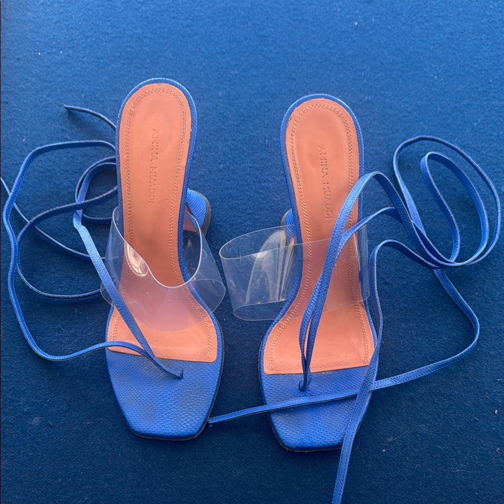 Amina Muaddi Blue Strappy Heels Modern Design